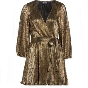 Bardot Belissa Pleated Gold Metallic Wrap Mini Dress w/ Tie Waist